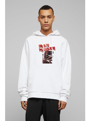 Qivi Iron Maiden Ed Force One Canavar Yolda Baskılı Beyaz Erkek Örme Kapşonlu Sweatshirt Uzun Kol
