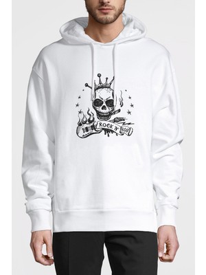 Qivi Rock'n Roll Baskılı Beyaz Erkek Örme Kapşonlu Sweatshirt Uzun Kol