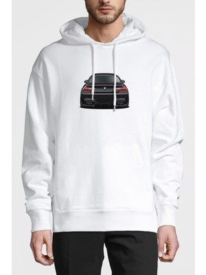 Qivi Bmw M6 Baskılı Beyaz Erkek Örme Kapşonlu Sweatshirt Uzun Kol