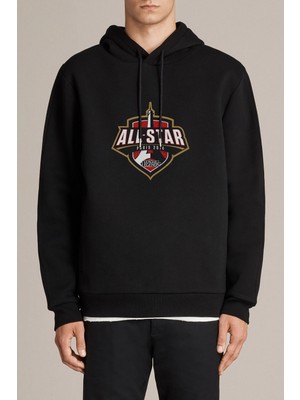 Qivi All Star Baskılı Siyah Erkek Örme Kapşonlu Sweatshirt Uzun Kol