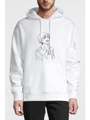 Qivi Anime Attack On Titan Baskılı Beyaz Erkek Örme Kapşonlu Sweatshirt Uzun Kol