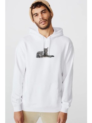 Qivi Kedi Cad Baskılı Beyaz Erkek Örme Kapşonlu Sweatshirt Uzun Kol