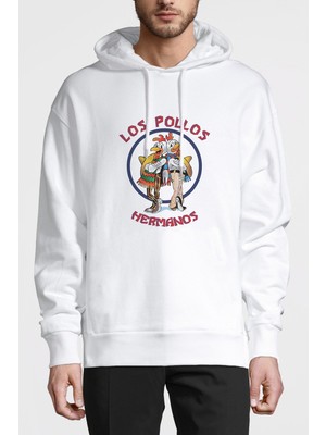 Qivi Breaking Bad Los Pollos Hermanos Baskılı Beyaz Erkek Örme Kapşonlu Sweatshirt Uzun Kol
