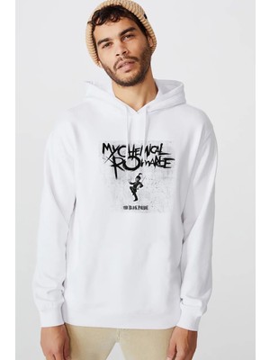 Qivi My Chemical Romance Baskılı Beyaz Erkek Örme Kapşonlu Sweatshirt Uzun Kol