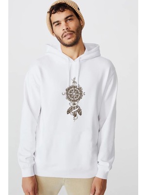 Qivi Dreamcatcher Pusula Baskılı Beyaz Erkek Örme Kapşonlu Sweatshirt Uzun Kol