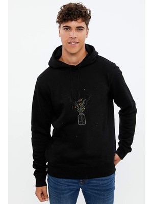Qivi Vazo Gezegenler Baskılı Siyah Erkek Örme Kapşonlu Sweatshirt Uzun Kol