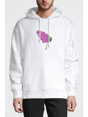 Qivi Pembe Çiçekler Illüstrasyon Leylak Çiçeği Baskılı Beyaz Erkek Örme Kapşonlu Sweatshirt Uzun Kol