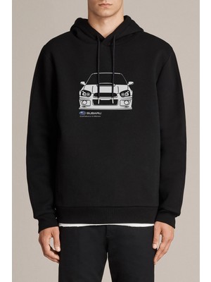 Qivi Subaru Baskılı Siyah Erkek Örme Kapşonlu Sweatshirt Uzun Kol