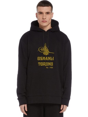 Qivi Osmanlı Torunu Tugra 1453 Baskılı Siyah Erkek Örme Kapşonlu Sweatshirt Uzun Kol