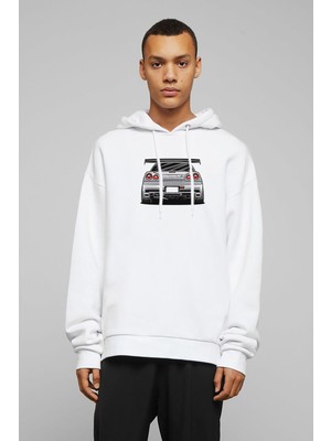 Qivi Nissan Skyline R 34 Baskılı Beyaz Erkek Örme Kapşonlu Sweatshirt Uzun Kol