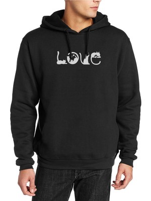 Qivi Kedi Love Baskılı Siyah Erkek Örme Kapşonlu Sweatshirt Uzun Kol