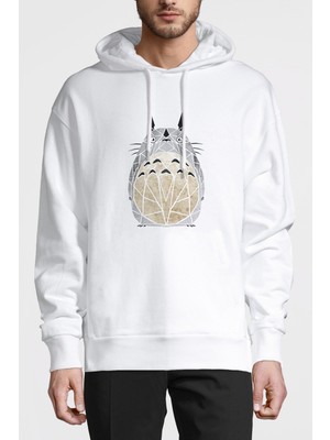 Qivi My Neighbor Komşum Totoro Baskılı Beyaz Erkek Örme Kapşonlu Sweatshirt Uzun Kol