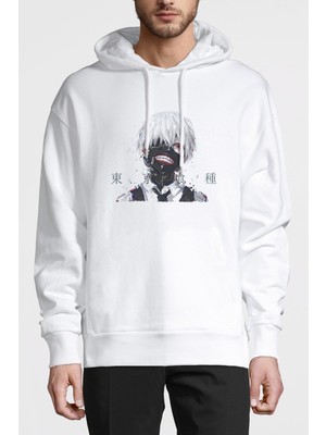 Qivi Anime Tokyo Ghoul Anteiku Baskılı Beyaz Erkek Örme Kapşonlu Sweatshirt Uzun Kol