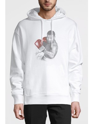 Qivi Mike Tyson Imza Baskılı Beyaz Erkek Örme Kapşonlu Sweatshirt Uzun Kol