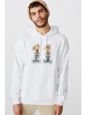 Qivi Stranger Things 11 Eleven Baskılı Beyaz Erkek Örme Kapşonlu Sweatshirt Uzun Kol