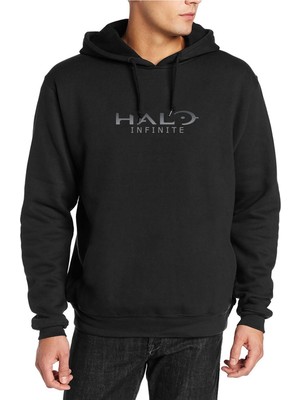 Qivi Halo Infinite Logo Baskılı Siyah Erkek Örme Kapşonlu Sweatshirt Uzun Kol