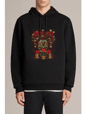 Qivi Guns N'roses Metal Rock Müzik Music Baskılı Siyah Erkek Örme Kapşonlu Sweatshirt Uzun Kol