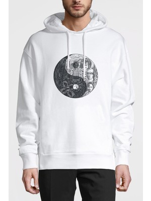 Qivi Stranger Things Ying Yang Upside Down Baskılı Beyaz Erkek Örme Kapşonlu Sweatshirt Uzun Kol