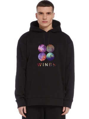 Qivi Bts Wings K Pop Baskılı Siyah Erkek Örme Kapşonlu Sweatshirt Uzun Kol