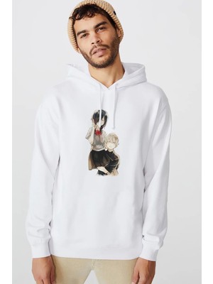Qivi Anime Tokyo Ghoul Anteiku Touka Rabbit Baskılı Beyaz Erkek Örme Kapşonlu Sweatshirt Uzun Kol