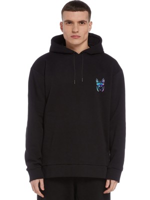 Qivi Güneş Gözlüğü ve Kulaklıklı Kedi Baskılı Siyah Erkek Örme Kapşonlu Sweatshirt Uzun Kol