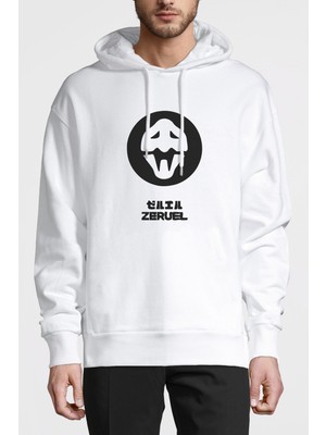 Qivi Zeruel Baskılı Beyaz Erkek Örme Kapşonlu Sweatshirt Uzun Kol