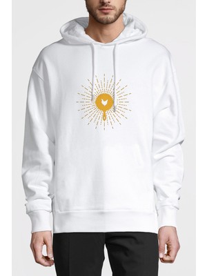 Qivi Pubg Tava Tavuk Baskılı Beyaz Erkek Örme Kapşonlu Sweatshirt Uzun Kol