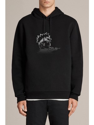 Qivi Silhouette Naruto Baskılı Siyah Erkek Örme Kapşonlu Sweatshirt Uzun Kol