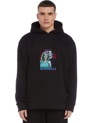 Qivi Riverdale Betty & Jughead Wallpaper Baskılı Siyah Erkek Örme Kapşonlu Sweatshirt Uzun Kol