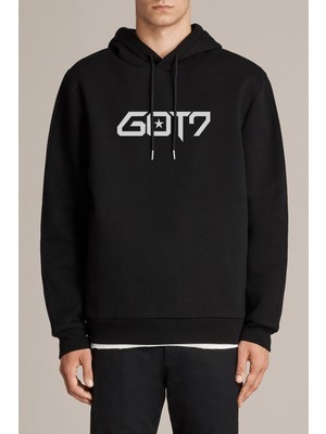 Qivi Got7 Logo Baskılı Siyah Erkek Örme Kapşonlu Sweatshirt Uzun Kol