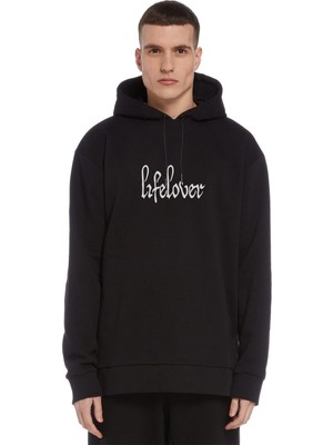 Qivi Lifelover Logo Baskılı Siyah Erkek Örme Kapşonlu Sweatshirt Uzun Kol
