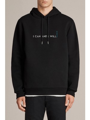 Qivi I Can And I Wil Baskılı Siyah Erkek Örme Kapşonlu Sweatshirt Uzun Kol