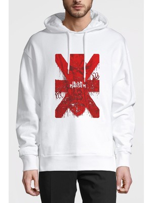 Qivi Iron Maiden x Metal Rock Muzik Baskılı Beyaz Erkek Örme Kapşonlu Sweatshirt Uzun Kol