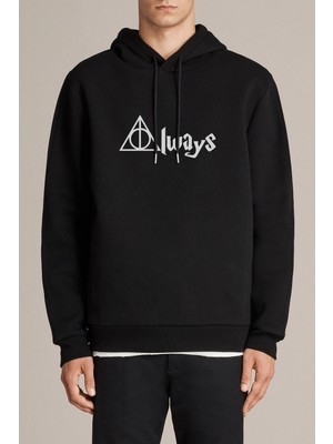 Qivi Büyücü Baskılı Siyah Erkek Örme Kapşonlu Sweatshirt Uzun Kol
