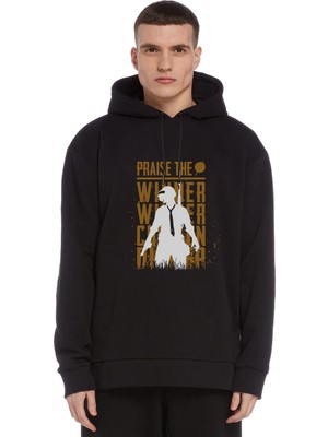 Qivi Pubg Praise The Winner Baskılı Siyah Erkek Örme Kapşonlu Sweatshirt Uzun Kol