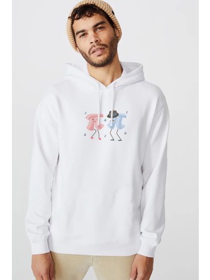 Qivi Pi Kadın Erkek Baskılı Beyaz Erkek Örme Kapşonlu Sweatshirt Uzun Kol