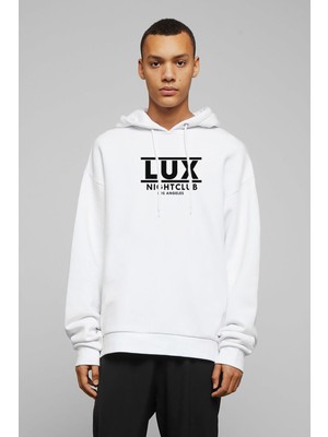 Qivi Lucifer Lux Night Club La Baskılı Beyaz Erkek Örme Kapşonlu Sweatshirt Uzun Kol
