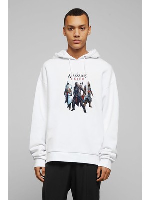 Qivi Assasins Creed Baskılı Beyaz Erkek Örme Kapşonlu Sweatshirt Uzun Kol