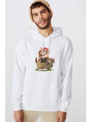 Qivi Kedicik ve Baykuş Fotoğrafm Makinesi Camera Baskılı Beyaz Erkek Örme Kapşonlu Sweatshirt Uzun Kol