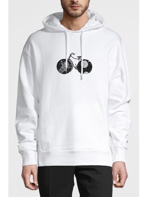 Qivi Uzay Bisiklet Baskılı Beyaz Erkek Örme Kapşonlu Sweatshirt Uzun Kol
