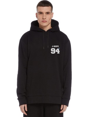 Qivi Bts J Hope 94 Baskılı Siyah Erkek Örme Kapşonlu Sweatshirt Uzun Kol