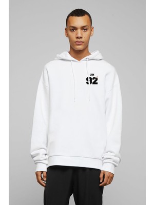 Qivi Bts Jin 92 Baskılı Beyaz Erkek Örme Kapşonlu Sweatshirt Uzun Kol