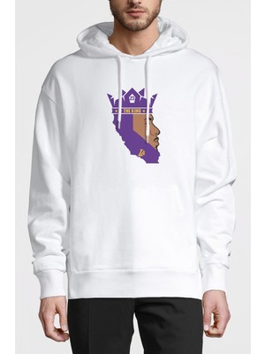 Qivi The King 23 La Basketbol Baskılı Beyaz Erkek Örme Kapşonlu Sweatshirt Uzun Kol