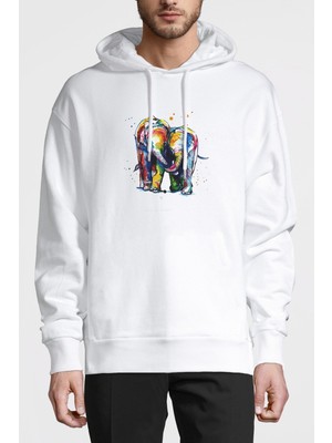 Qivi Renkli Filler Illüstrasyon Tuval Baskı Suluboya Baskılı Beyaz Erkek Örme Kapşonlu Sweatshirt Uzun Ko