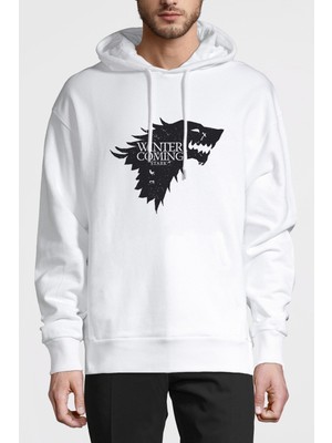 Qivi Game Of Thrones Baskılı Beyaz Erkek Örme Kapşonlu Sweatshirt Uzun Kol