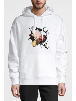 Qivi Anime One Punch Man Baskılı Beyaz Erkek Örme Kapşonlu Sweatshirt Uzun Kol