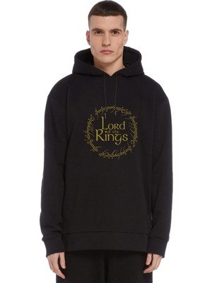 Qivi Lord Of The Rings Circle Gold Baskılı Siyah Erkek Örme Kapşonlu Sweatshirt Uzun Kol
