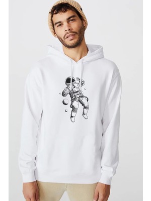 Qivi Astronot Uzay Boşluğu Baskılı Beyaz Erkek Örme Kapşonlu Sweatshirt Uzun Kol