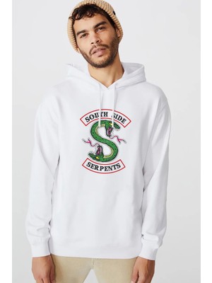 Qivi Riverdale South Side Serpents Baskılı Beyaz Erkek Örme Kapşonlu Sweatshirt Uzun Kol