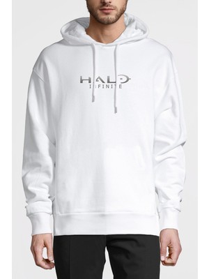 Qivi Halo Infinite Logo Baskılı Beyaz Erkek Örme Kapşonlu Sweatshirt Uzun Kol